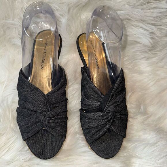 Dana Buchman Women's 7.5 Blue Denim Stud Open Toe Cork Wedge Sandals Espadrille - Picture 2 of 12